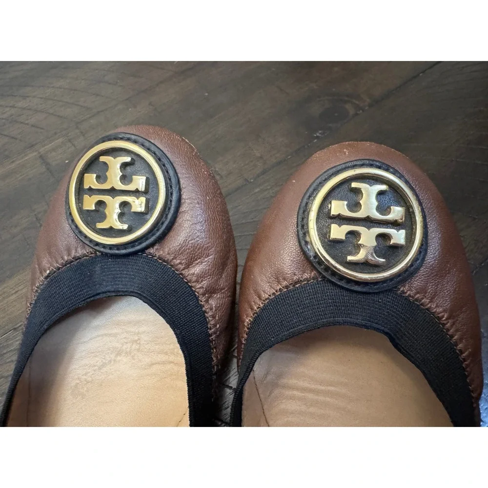 Tory Burch Caroline 2 Leather Ballet Flats Java Brown Black Size 6 Gold Logo